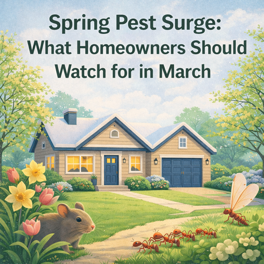 Spring-themed illustration of a suburban home with blooming trees and flowers, featuring ants, a termite swarmer, and a mouse in the foreground, titled “Spring Pest Surge: What Homeowners Should Watch for in March.”