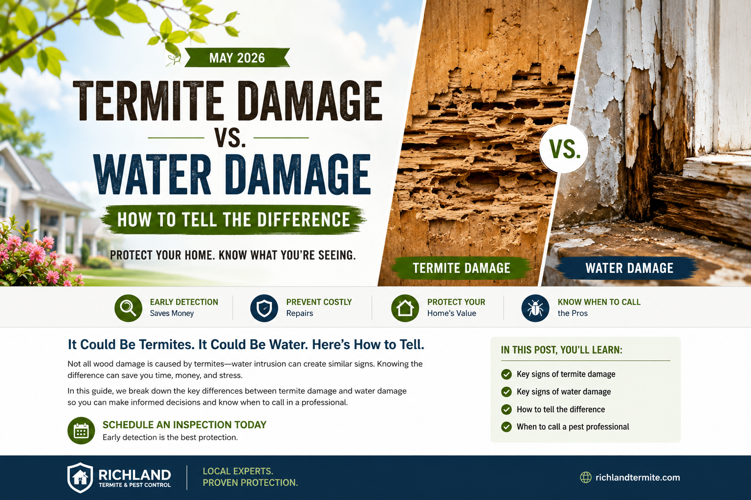 Split comparison graphic showing termite-damaged wood with internal hollowing on one side and water-damaged wood with peeling paint and rot on the other, titled “Termite Damage vs. Water Damage: How to Tell the Difference.”