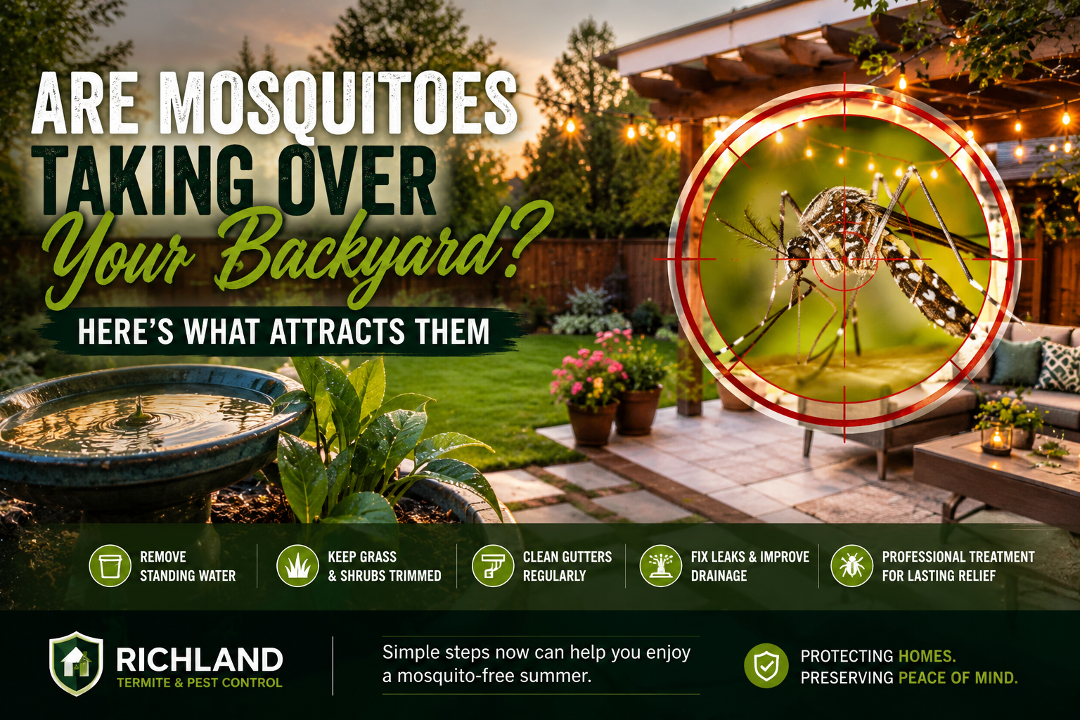 Backyard with standing water and outdoor seating at sunset, illustrating common conditions that attract mosquitoes during the summer.