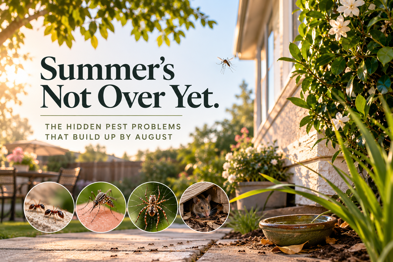 Late summer backyard with increased insect activity around a Southern California home, illustrating hidden pest problems that build up by August.