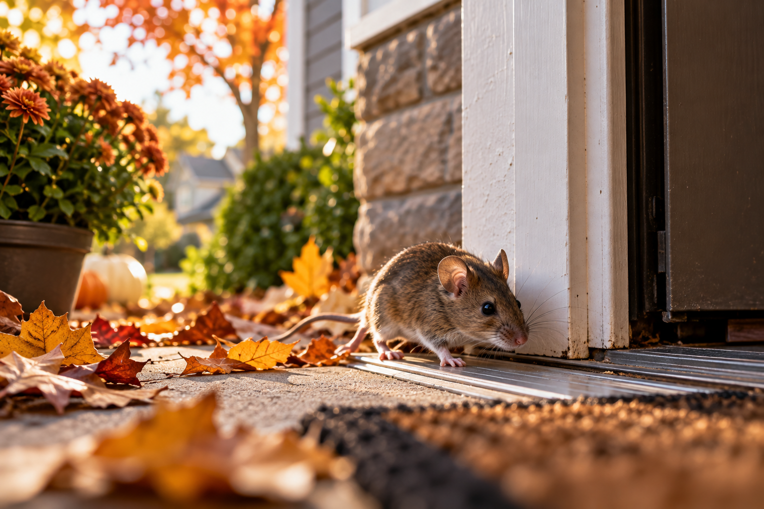 Mouse entering a suburban home in early fall with autumn leaves, illustrating why rodents begin moving indoors as temperatures cool.